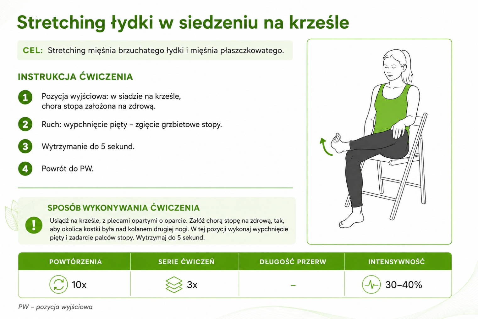 Ćwiczenie na ostrogę piętową – rozciąganie łydki w pozycji siedzącej z opisem ruchu i czasu wytrzymania.