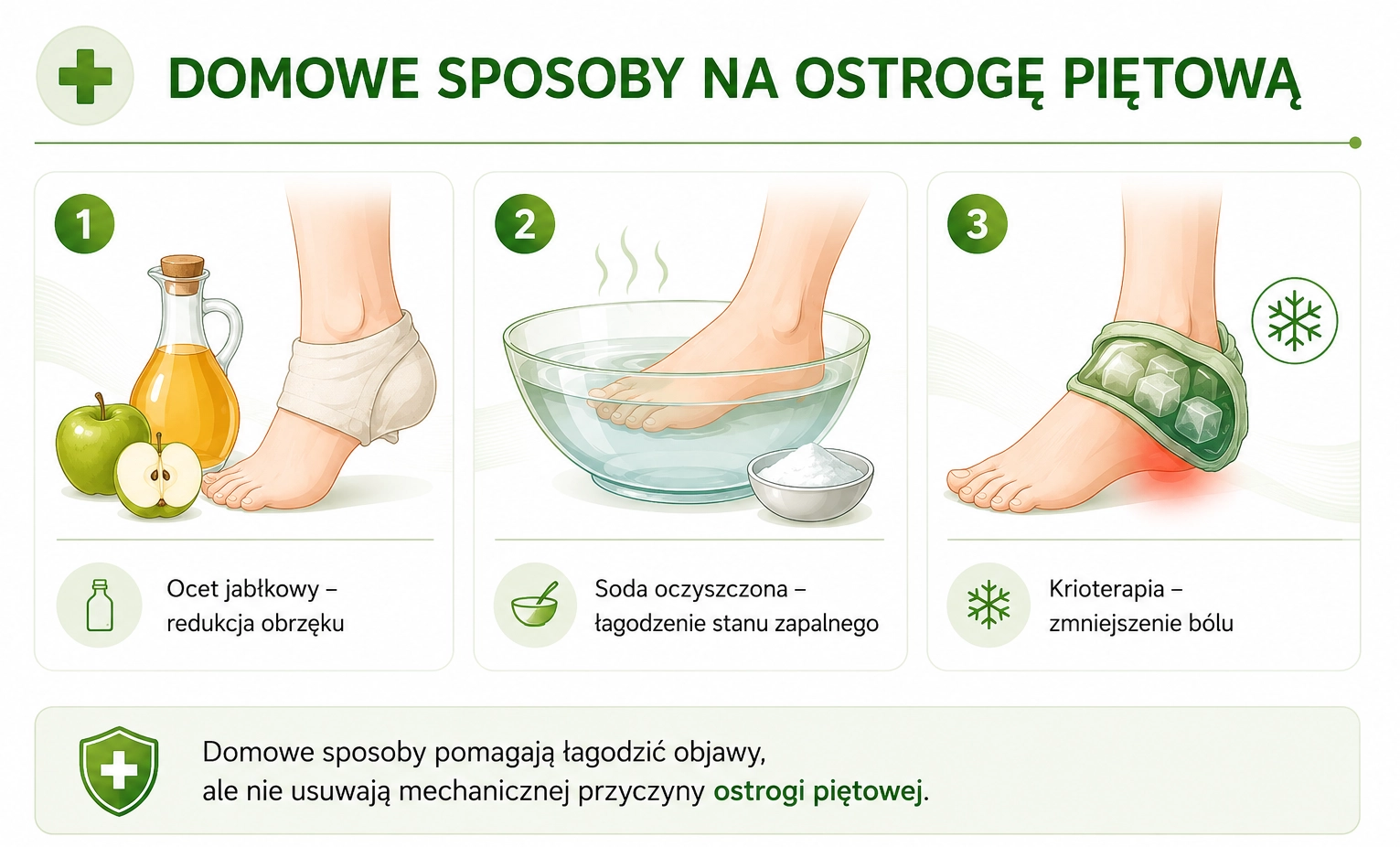 Naturalne metody łagodzenia bólu przy ostrodze piętowej – okład z octu jabłkowego, kąpiel z sodą i zimny kompres.
