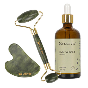 Zestaw do masażu twarzy HABYS: kamień Gua Sha jadeitowy + roller + naturalny olejek migdałowy 100 ml