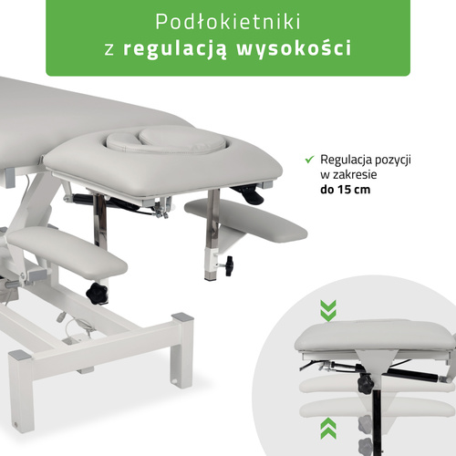Stół rehabilitacyjny, do masażu, elektryczny Fortis 5 Ergo - pilot ręczny, szaro biały