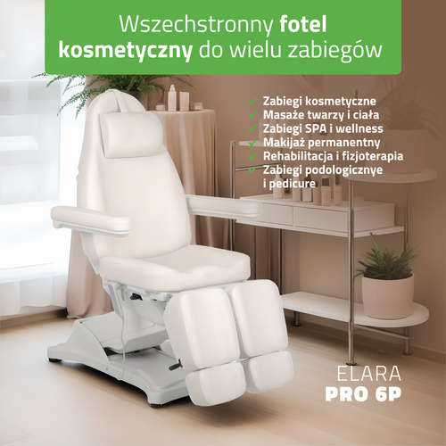 Fotel kosmetyczny z regulacją elektryczną Elara PRO 6P, biały - 2 silniki
